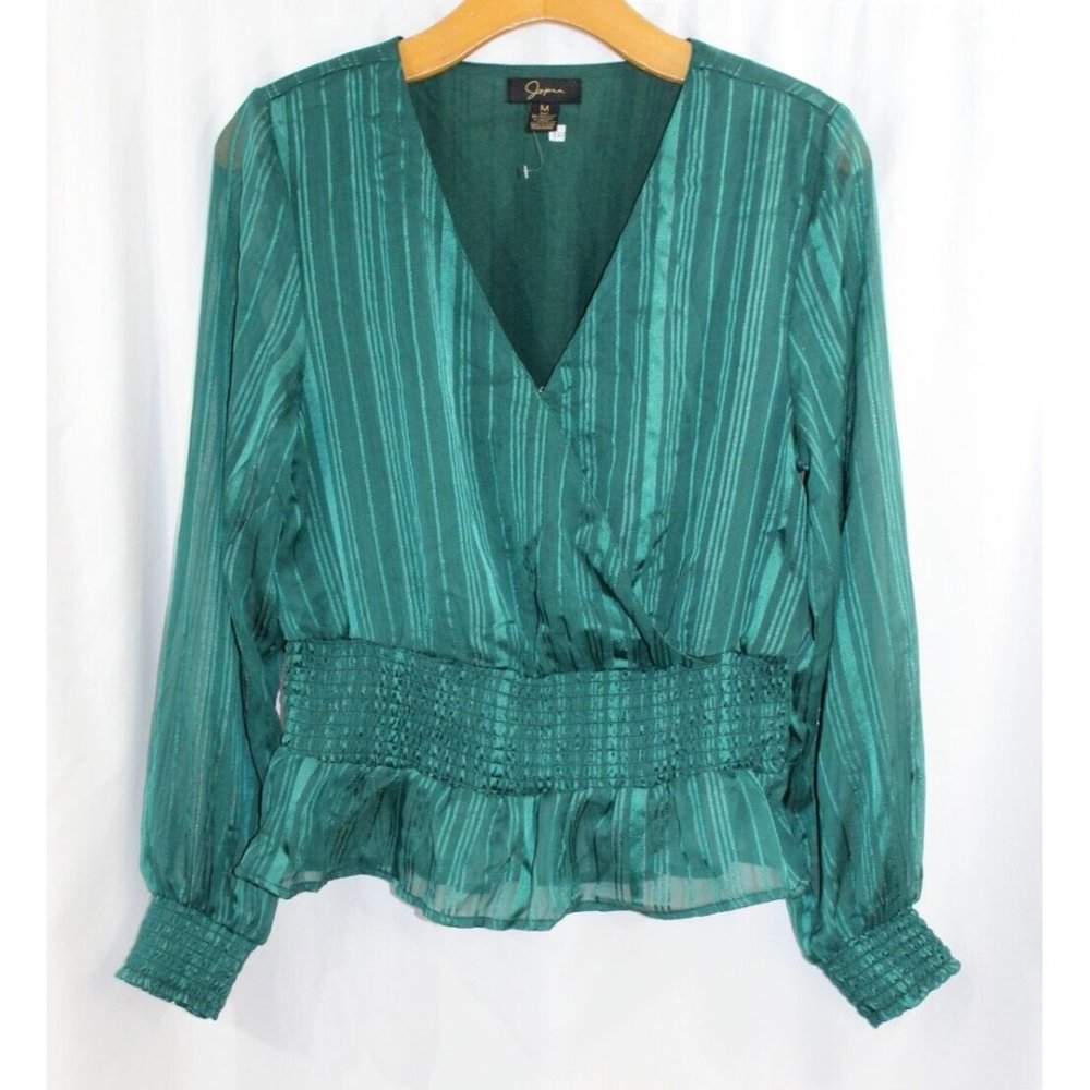 Japna Womens Green Long Sleeve Faux Wrap Smocked Peplum Blouse M NWOT
